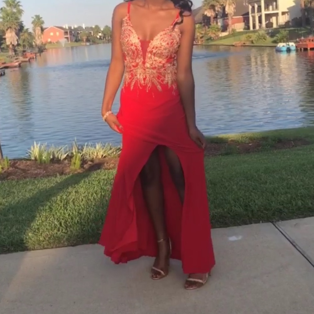 Red& gold detail prom dress!
